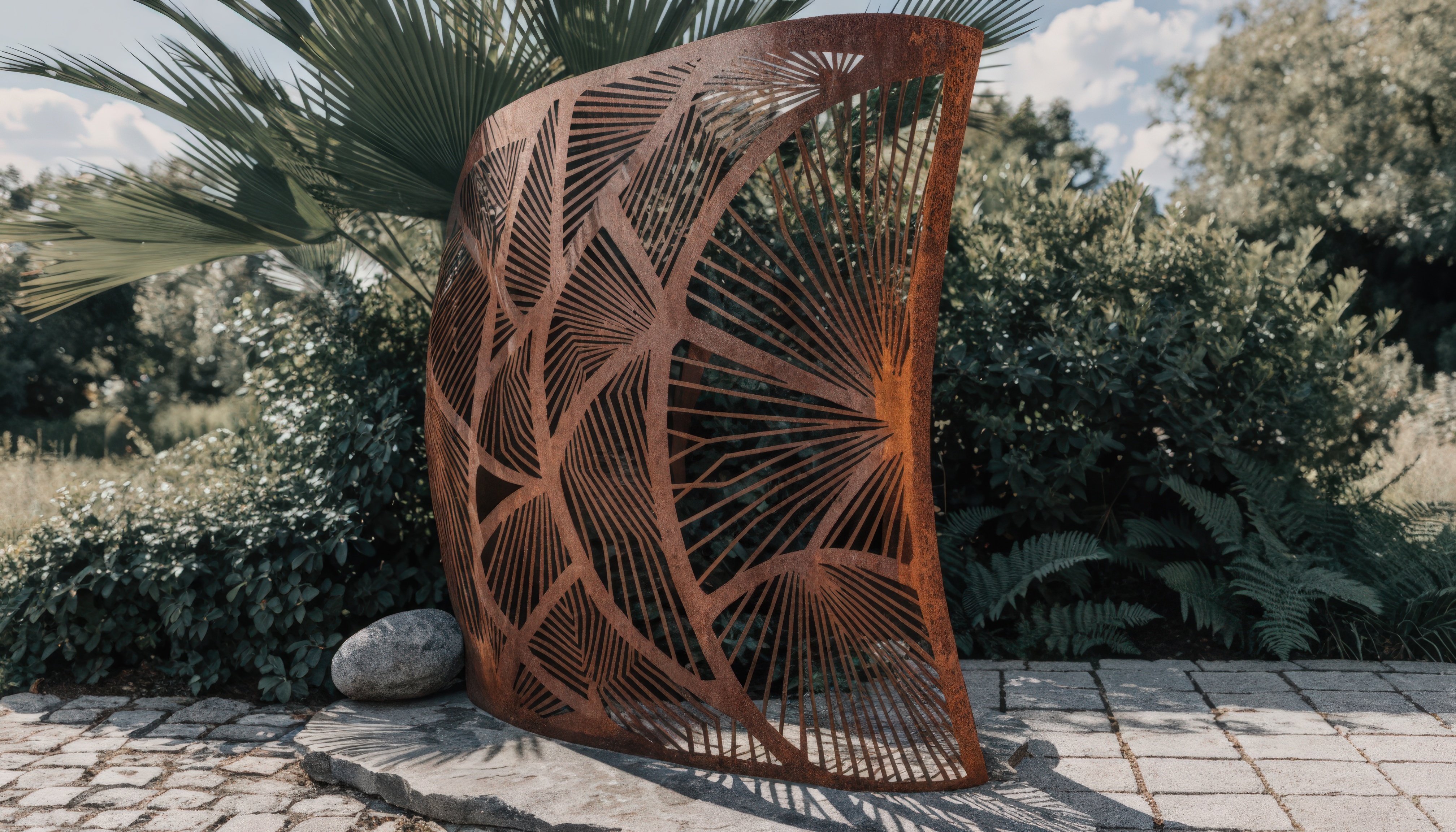 corten-steel-laser-cut-privacy-screen-palm-leaf-pattern Decorative corten weathering steel privacy screen featuring a curved silhouette and intricate laser-cut palm frond design, shown on a paver patio surrounded by lush greenery and palm trees.
