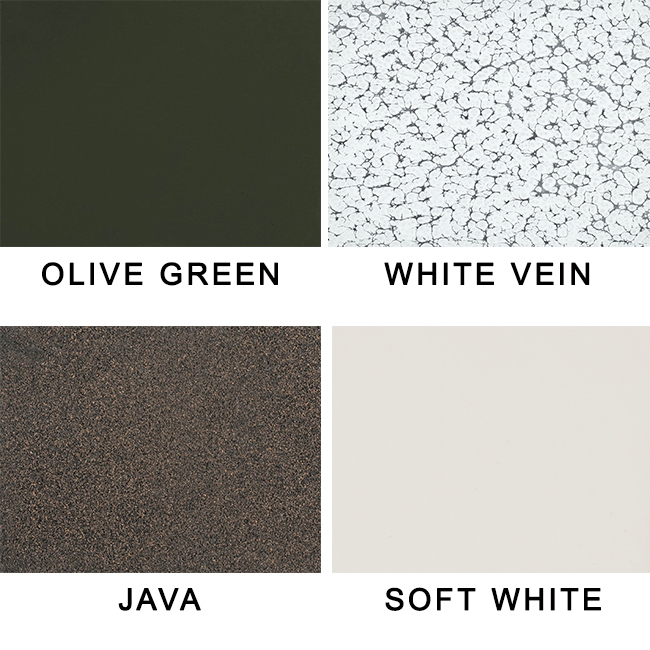 Countertop Color Options — Yard Couture Outdoor kitchen island countertop color options: Olive Green, White Vein, Java, and Soft White